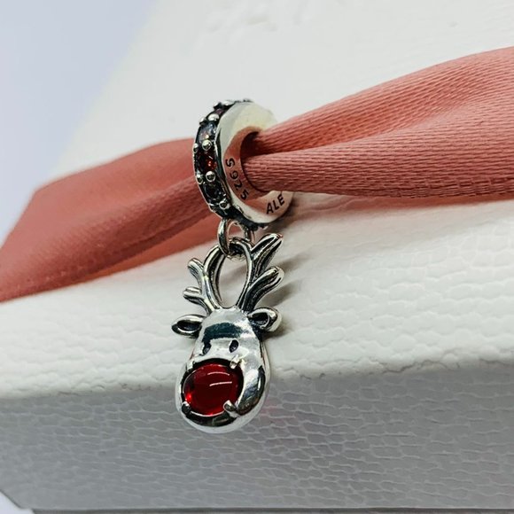Pandora Red Nose Reindeer Murano Dangle Charm "Let your light shine" Pendant - Picture 8 of 10